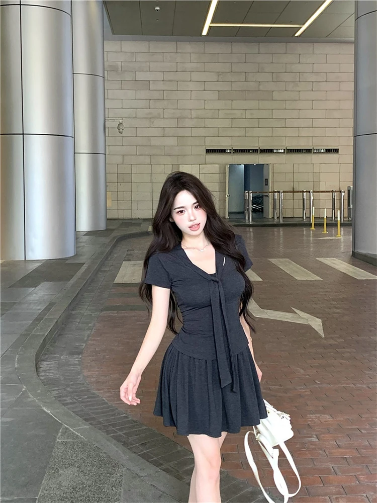 

Casual Knot Waist Short Sleeve T-Shirt And High Waist Skirt Two Piece Set for Women Summer Fashion Outfit Slim Fit Style