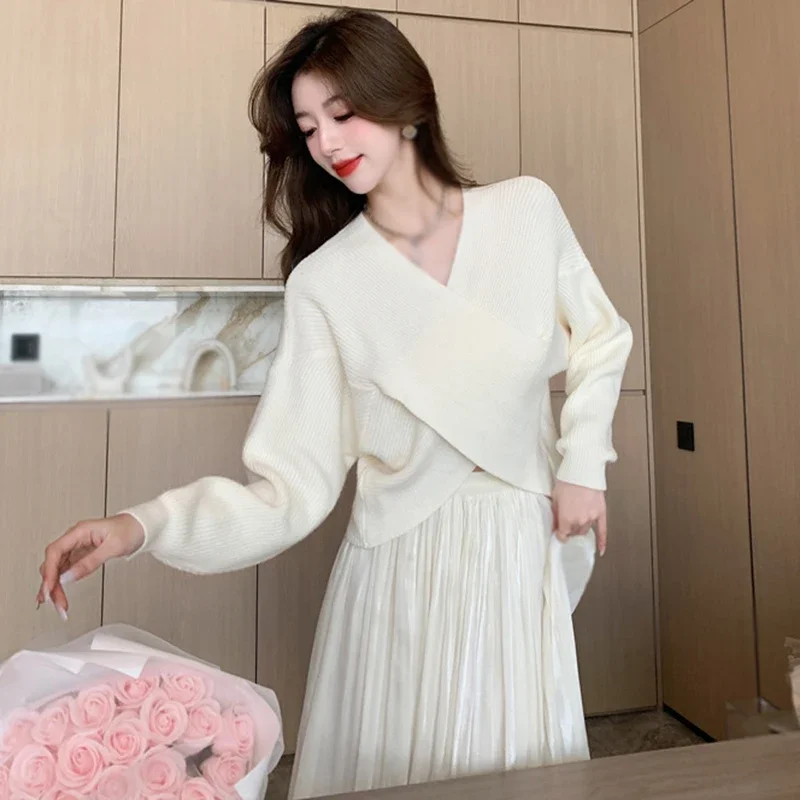 Autumn Elegant Women Loose Sweater Solid Color Knitted Long Sleeve Crossover Design V-Neck Casual Bottoming Shirt Crop Tops