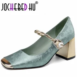 【JOCHEBED HU】New Elegant Summer Genuine Leather Shoes Woman Pumps Square High Heels Dress Party Wedding Lady Shoes 33-43