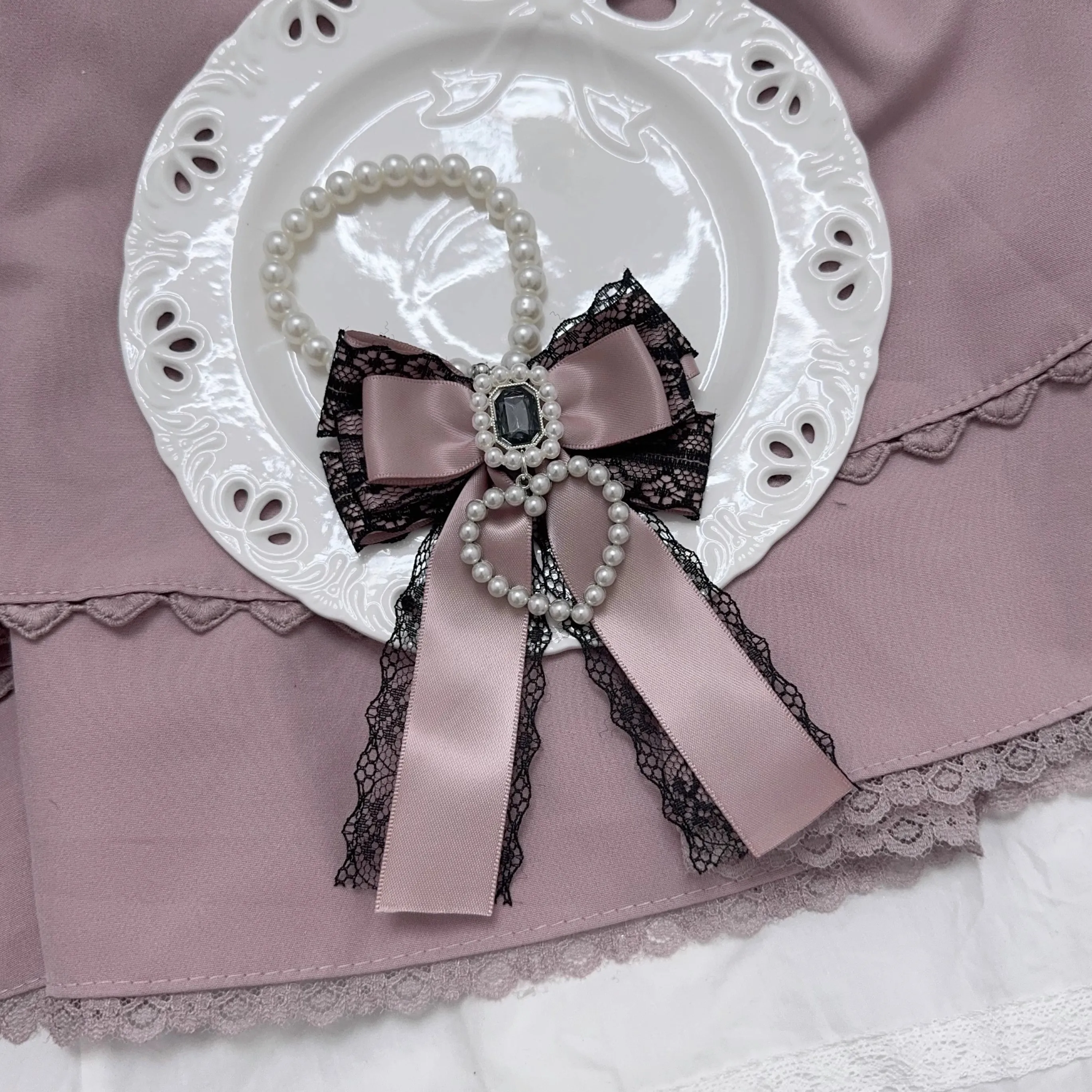 الأصلي Harajuku الشريط الدانتيل قلادة لوليتا القوطية الألم حقيبة اللؤلؤ معلقة كبيرة القلب الماس Bowknot ظهره قلادة