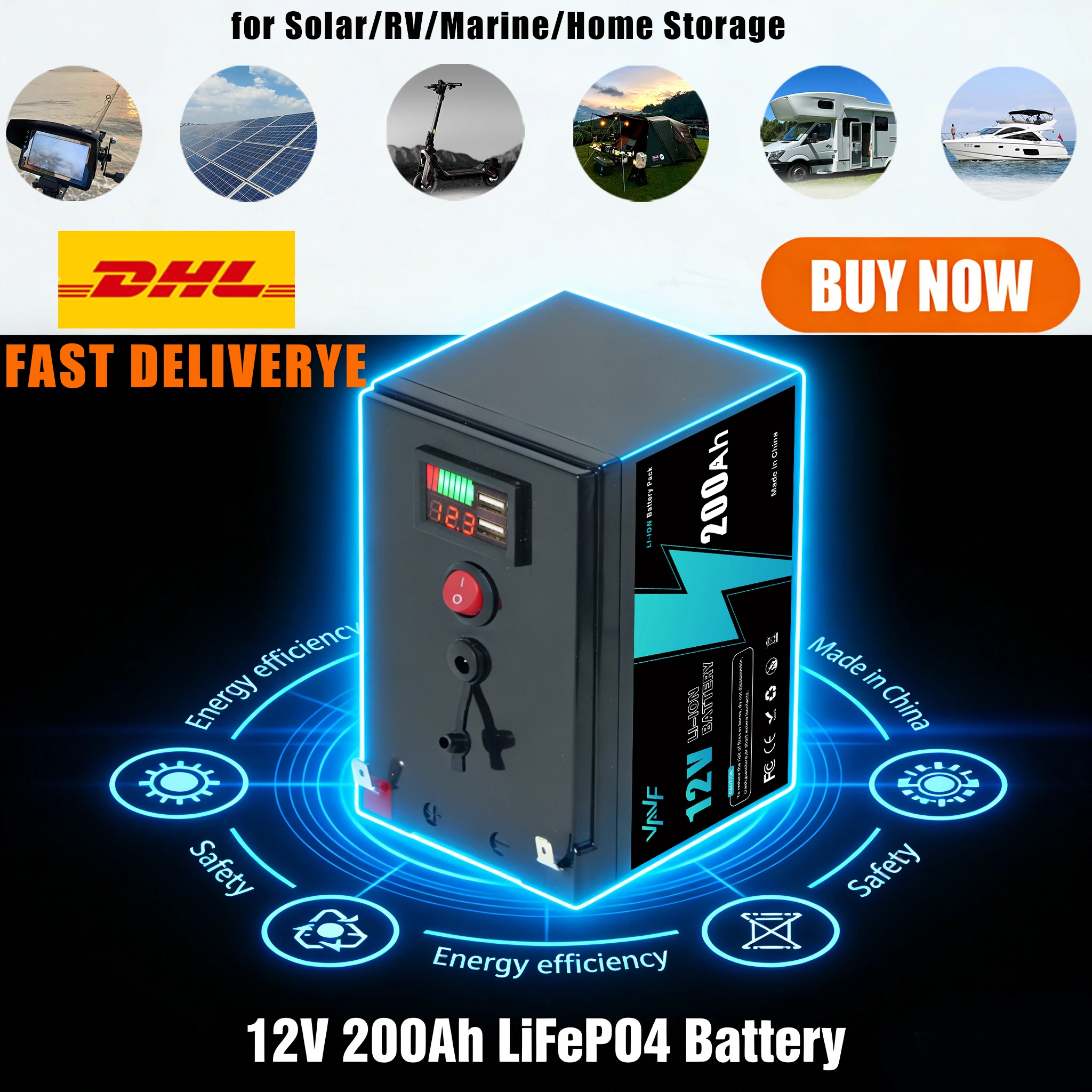 

Высокая емкость 12В 200000мАч Аккумулятор LiFePO4 со встроенным разрешением BMS для солнечных панелей, будинков на колесах, яхт и резервного питания