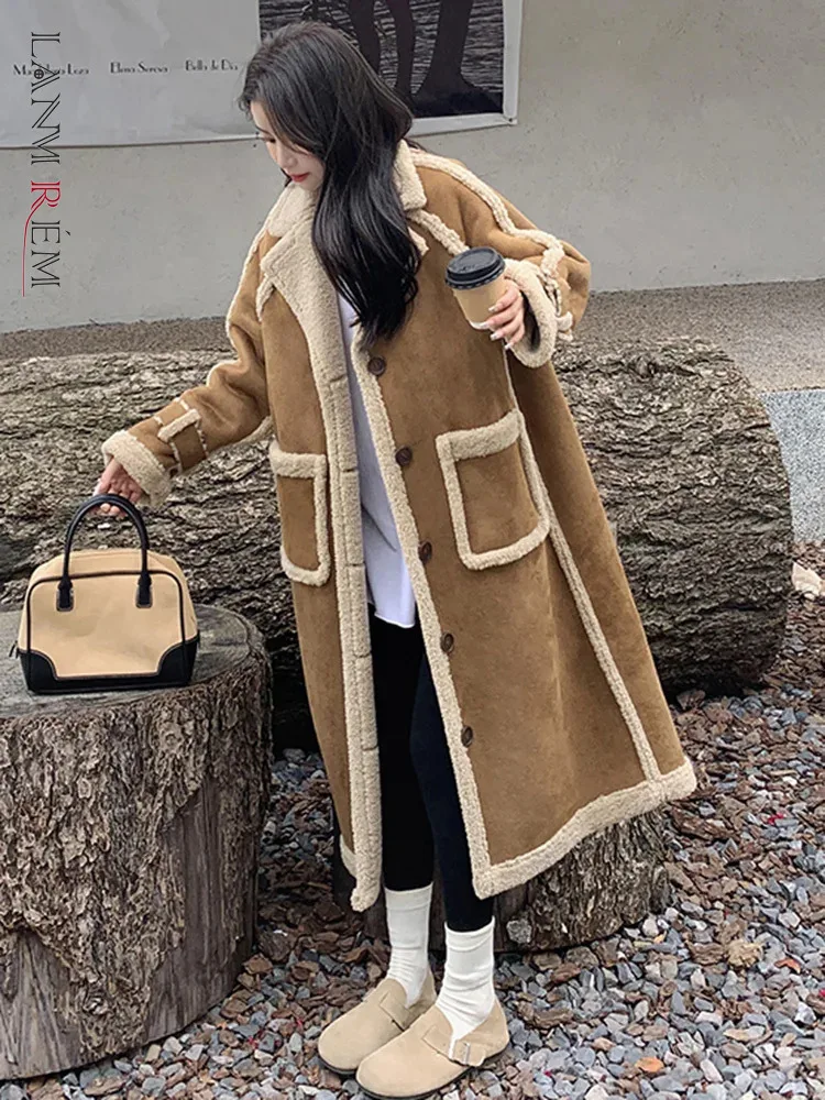 LANMREM Lamb Wool Long Coat For Women Patchwork Lapel Big Pockets Thick Winter Warm Overcoat Female Clothing 2024 New 2DB1058