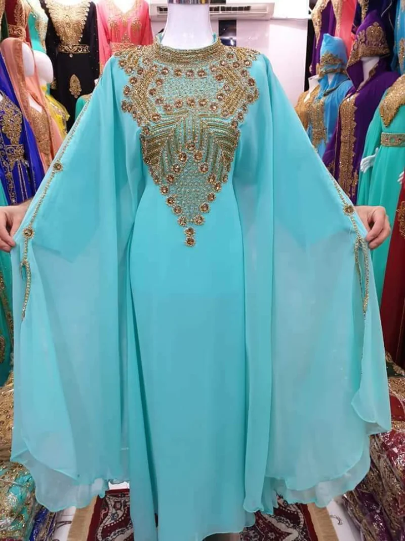 Women Long Dress Dubai Dress Turquoise Georgette Moroccan Farasha Gown Dress