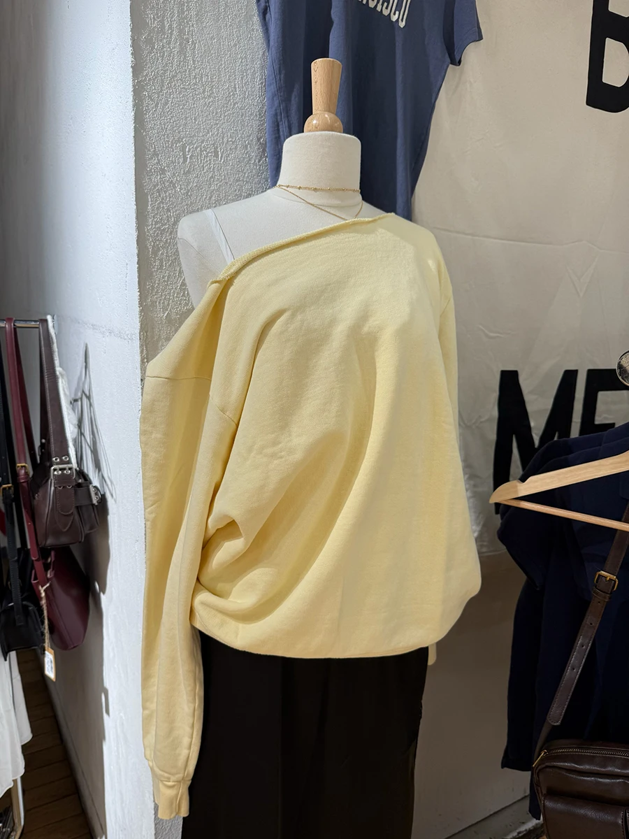 

Light Yellow Terry Sweatshirt Women Raw Hem Scoop Neck Long Sleeve Sweatshirts Autumn Loose Casual Sweet Strapless Pullovers New