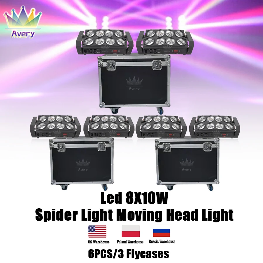 

0 Tax 3 Flight Cases 6 8x10W Led Spider Light Sound Mode LED Moving Head Lights led Beam Stage Dj RGBW DMX512 disco lighting