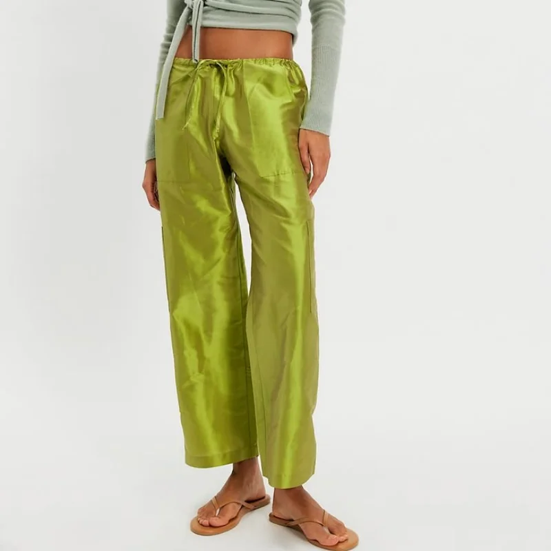 Women Y2K Metallic Shiny Cargo Pants Elastic Drawstring Waist Wide Leg Pants Utility Multi-Pocket Parachute Trousers