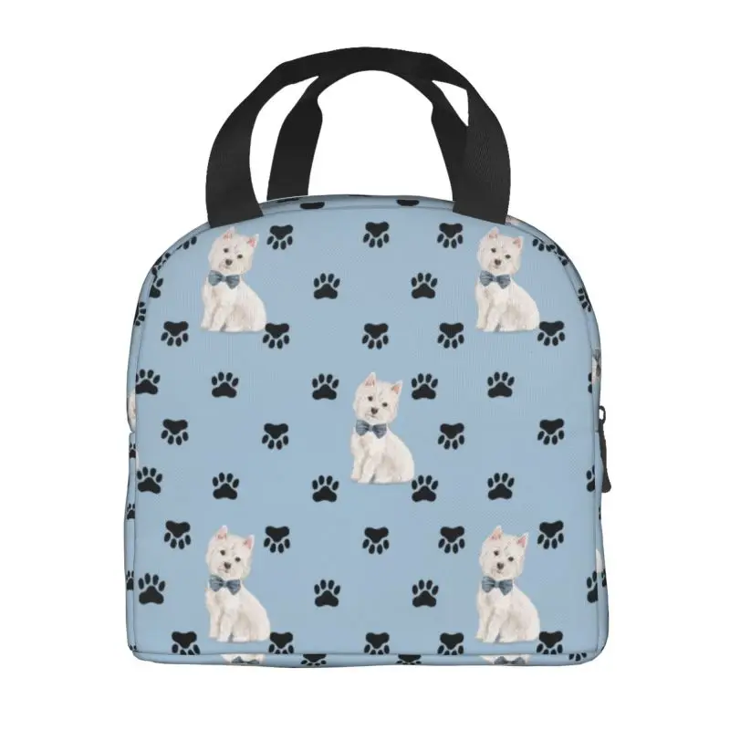 West Highland White Terrier Paw Print Pattern Insulated Lunch Tote Bag Westie Dog Thermal Cooler Food Lunch Box Kids School image 2