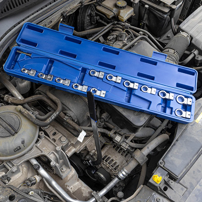 Chiave di regolazione della puleggia tenditore della puleggia tenditrice del motore dell'auto, chiave a bussola tipo E estesa, smontaggio speciale