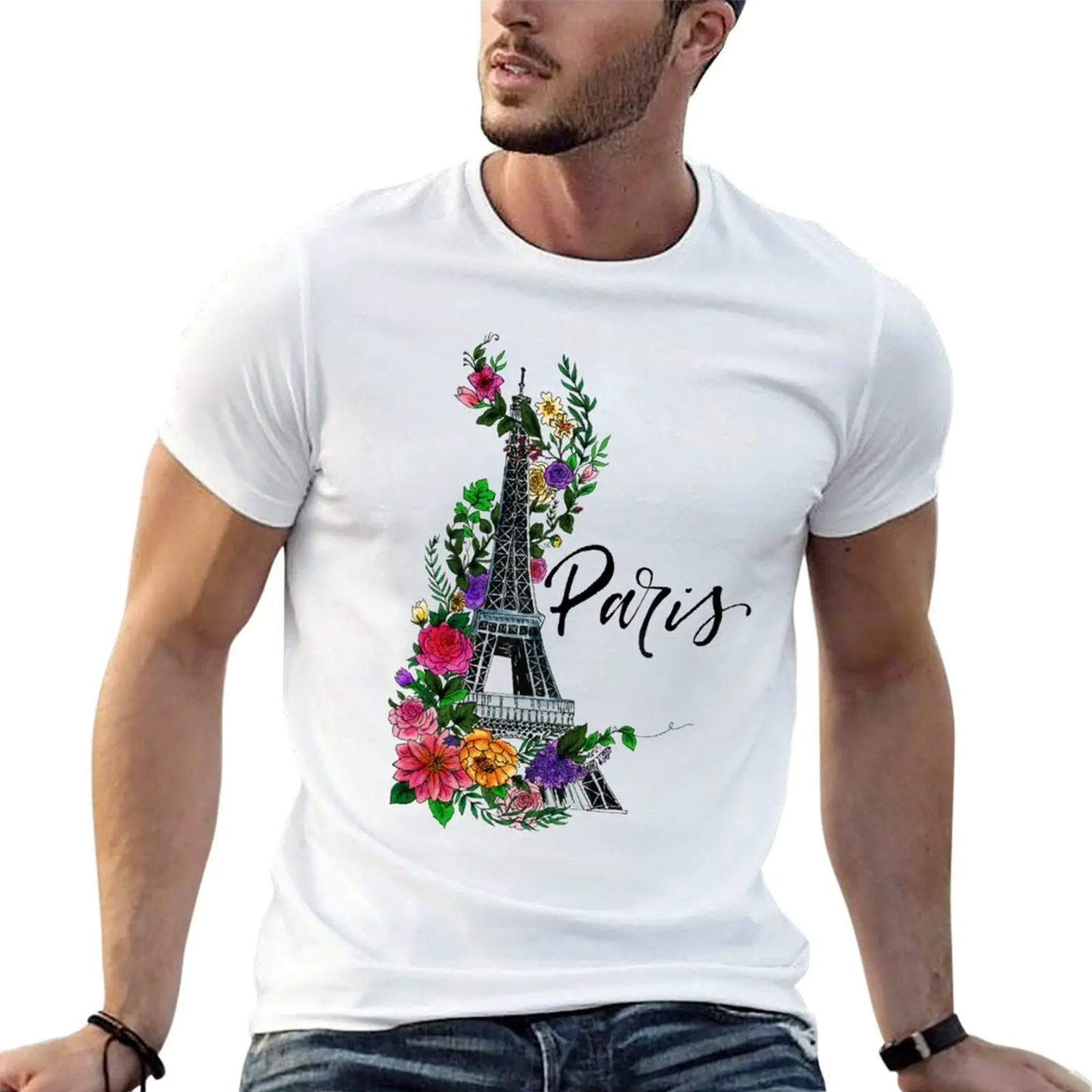 Floral Eiffel Tower T-Shirt man t shirt summer graphic t shirts for man cotton t shirts man 100% T-shirt
