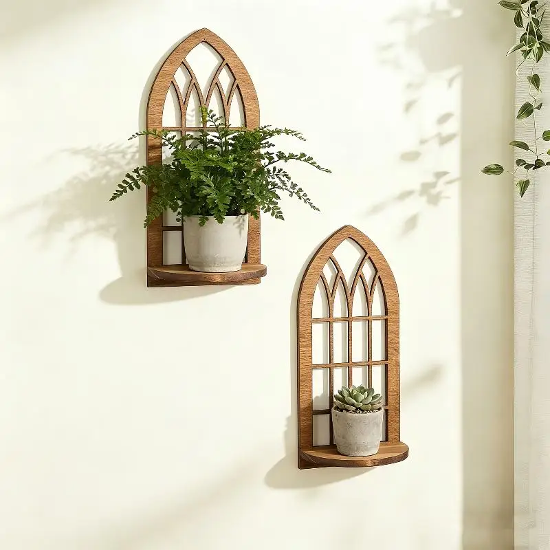 Hanging Floating Wall Mounted Wooden Shelf Hollow Out Leaf Shape Wall Storage Rack Rustic Style Geometric Wall Decor