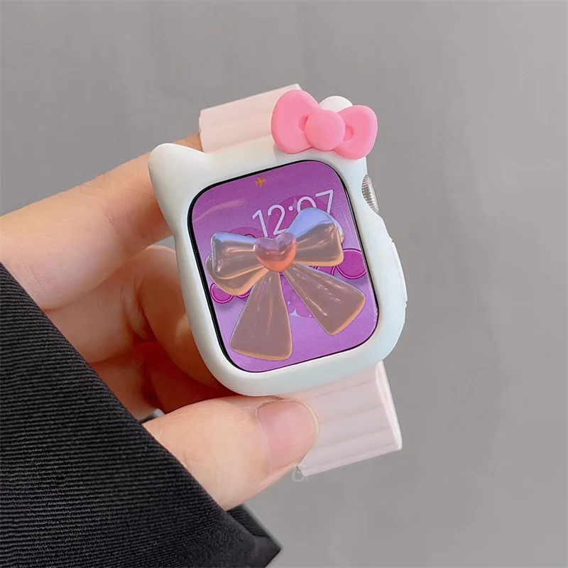 Y2k Cartoon Cute Bow Cat Ears Case + Magnetic Strap For Watch Case 44mm 42mm 38 40 Correa Bumper For Apple Watch Ultra 7 Cover