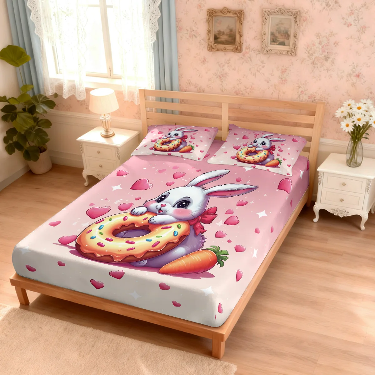3 قطع من ملاءات السرير بدون شرائح مطبوعة على شكل أرنب لطيف، متعددة الحجم، غطاء سرير ناعم لغرفة النوم، قابل للغسل في الغسالة