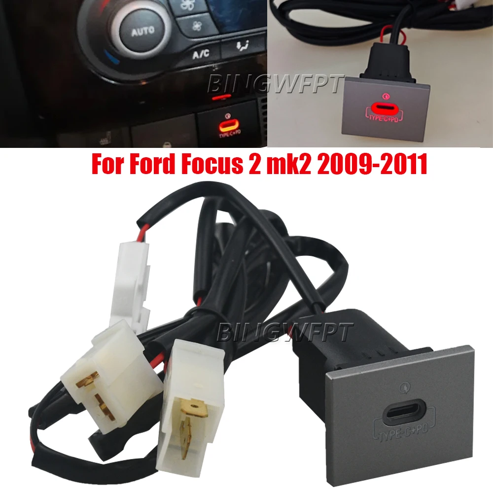 Red Light Type-C PD USB Charger Socket Fast Charge Adapter Power Outlet Switch For Ford Focus 2 Mk2 2009-2011 Car Accessories