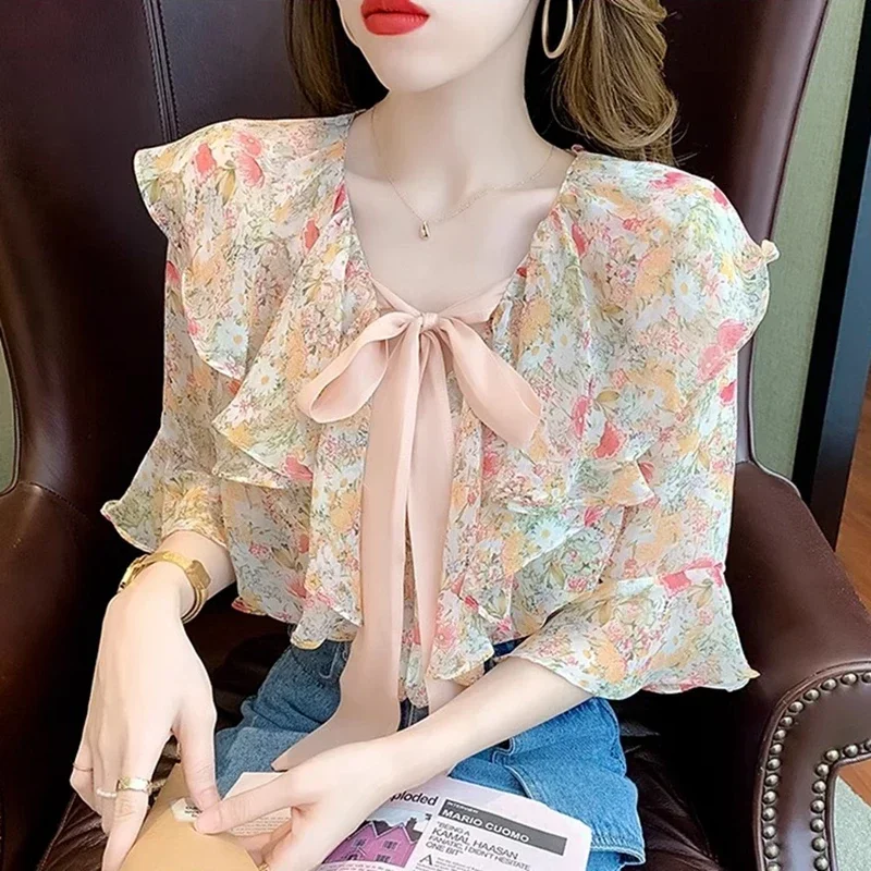 Floral Printed Summer Blouses Women 2024 Korean Fashion Short Sleeve Blusas Vintage Bow Neck ruffles Chiffon Tops y2k Shirts