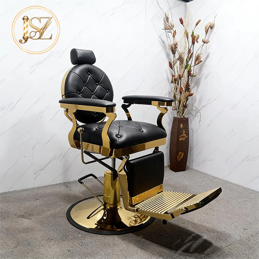 Luxury Barbershop Vintage Reclining Chair 360° Rotatable Height Adjustable Commercial Chair Polished Chrome Trim Solid Steel