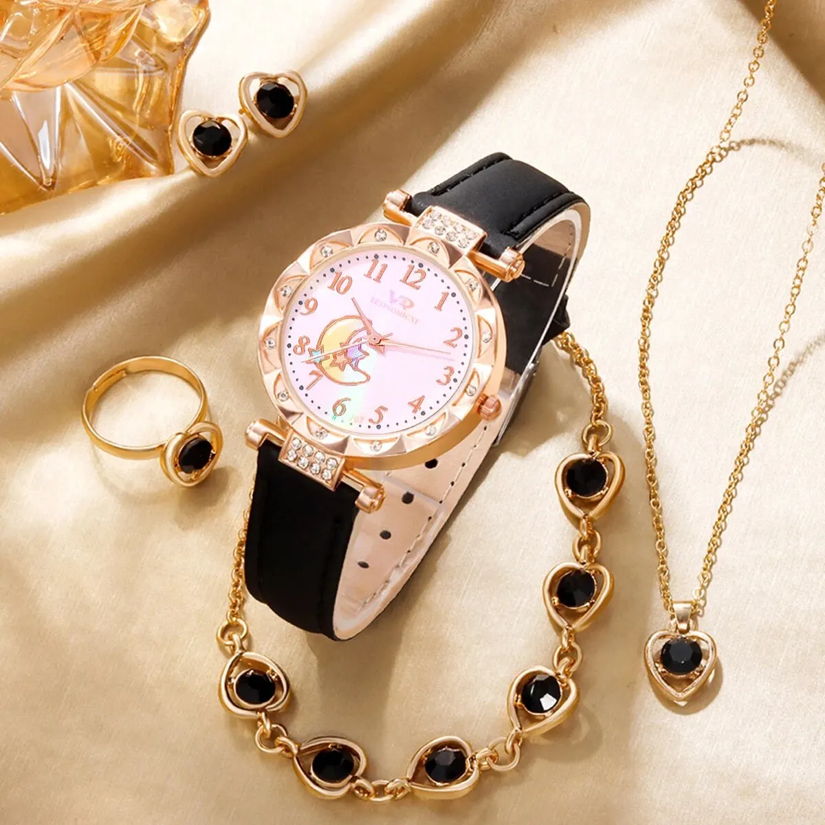 6Pcs Ladies Fashion Simple Designer Moon Star Digital Rhinestone Leather Quartz Watch Luxury Love Necklace Jewelry Set