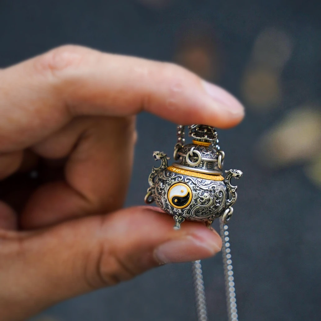 Ethnic Style Taoism Eight Diagrams Incense Burner Pendant Men Jewelry Retro Relief Lines Flower Necklace Male Choker Accessorie