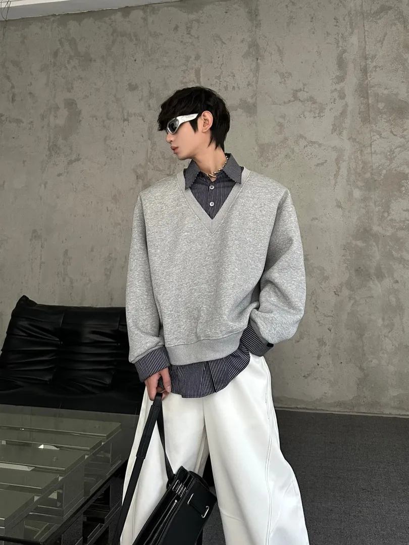 

American Sle Casual Loose Sweatirt with irt Collar ex Spring Autumn High End Feeling Top Fake Two-Piece Design