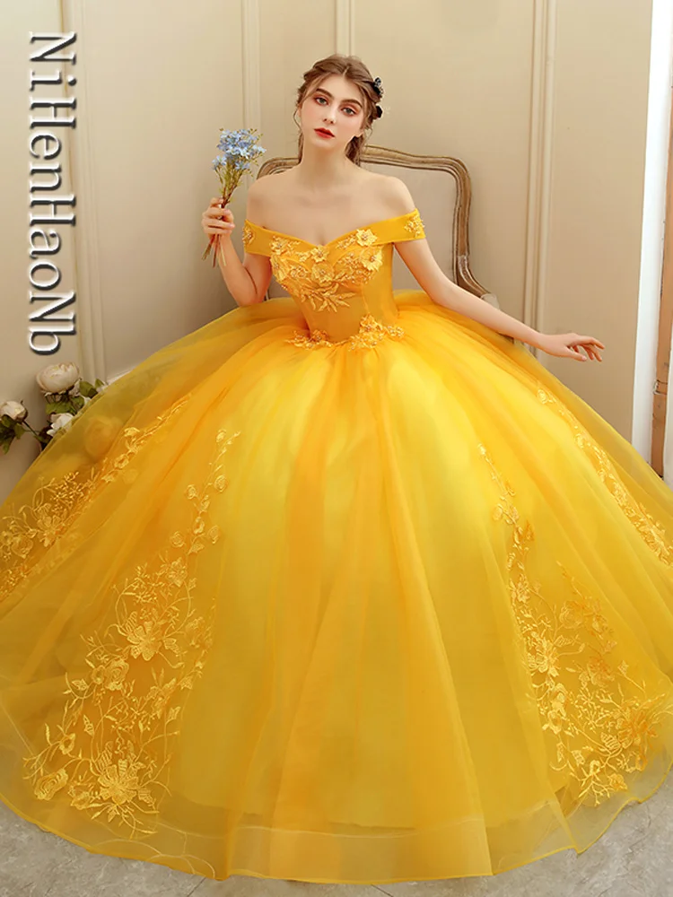 Vestido De fiesta De quinceañera, traje amarillo De flores dulces, talla personalizada, novedad De 2023