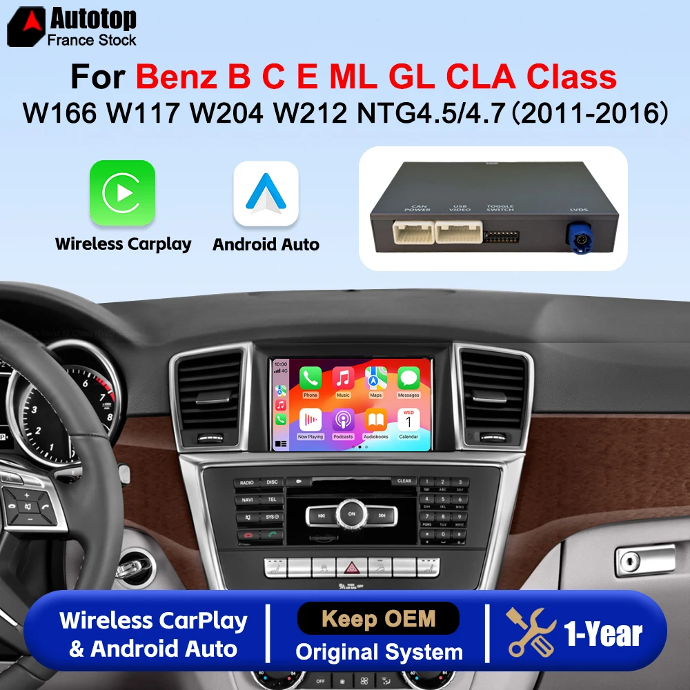 AUTOTOP Box Decoder Wireless Android Auto CarPlay per Benz B C E ML GL CLA CLS SLK GLK GLA Classe W166 W117 W204 W207 W212 X204 NTG4.5/4.7 2011-2016 CarPlay Mirror Link AirPlay Bluetooth USB