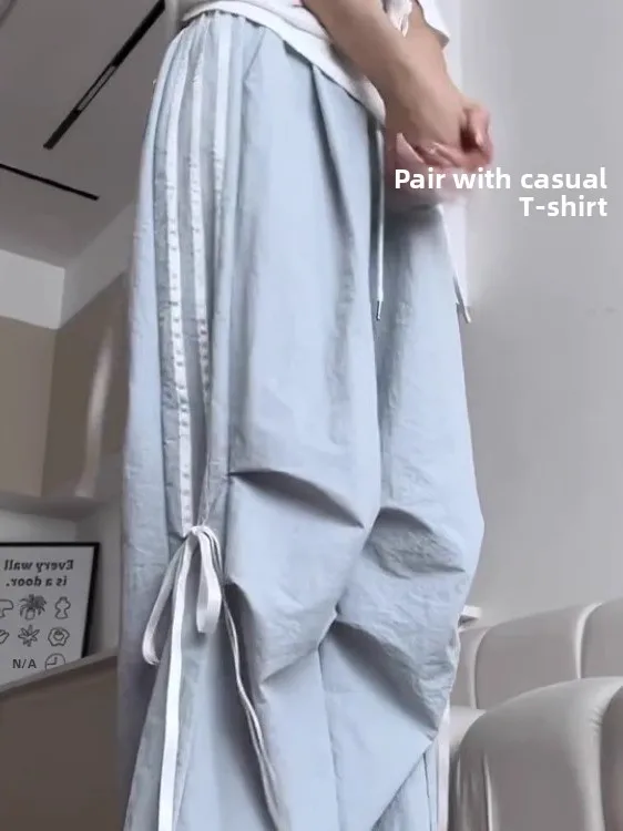 

Синие спортивные брюки Qui Dry, женские летние новые драпированные брюки с высокой талией, повседневные брюки с парашютом, американская рабочая одежда с узлом