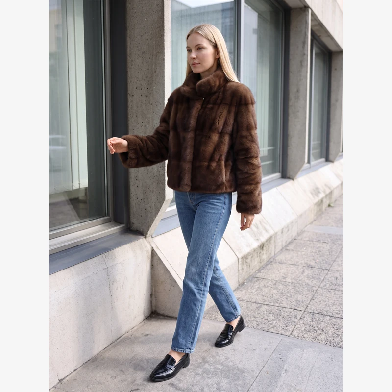 Ladies Luxury Faux Mink Fur Short Coat Stand Collar Zipper Winter Jacket Plush Soft Warm Elegant Loose Outer Garment Daily Wear