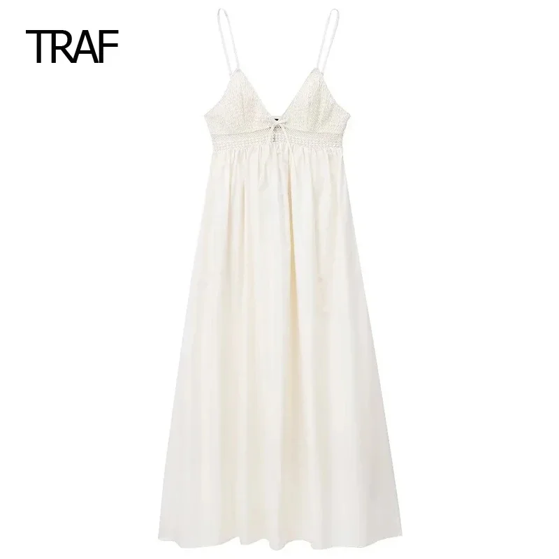 

TRAF Womens Dresses Summer Midi Bow Dress Cutwork V-Neck Sleeveless Backless Slip Dress Party Evening Elegant Celebrity Dresses