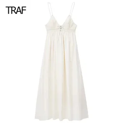 TRAF Womens Dresses Summer Midi Bow Dress Cutwork V-Neck Sleeveless Backless Slip Dress Party Evening Elegant Celebrity Dresses