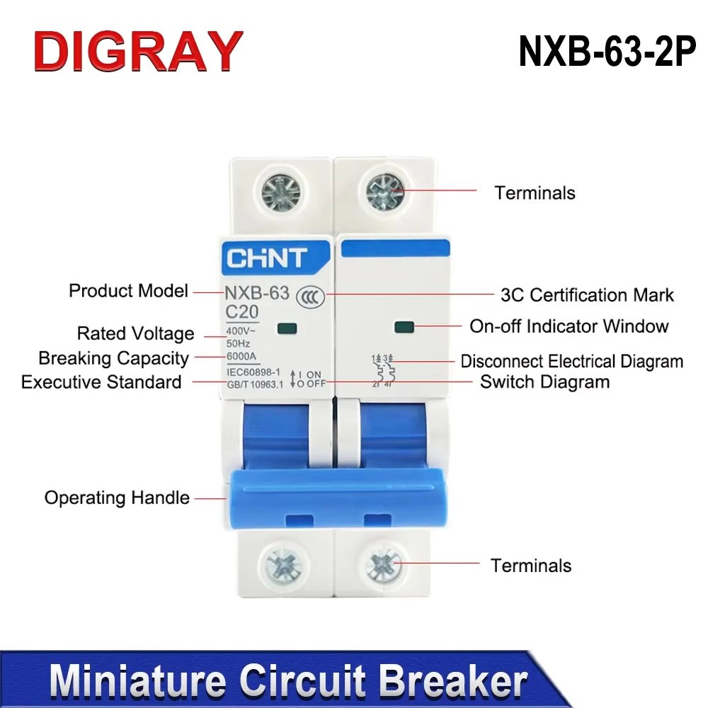 DIGRAY CHNT NXB-63 2P Miniature Leakage Protector 3A-63A Household Industrial Air Circuit Breaker Switch