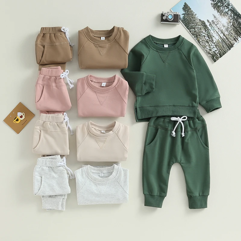 2023-06-05 Lioraitiin 0-3Years Toddler Boys Girl 2Pcs Fall Outfits Solid Crew Neck Long Sleeve Sweatshirts Long Pants Clothes