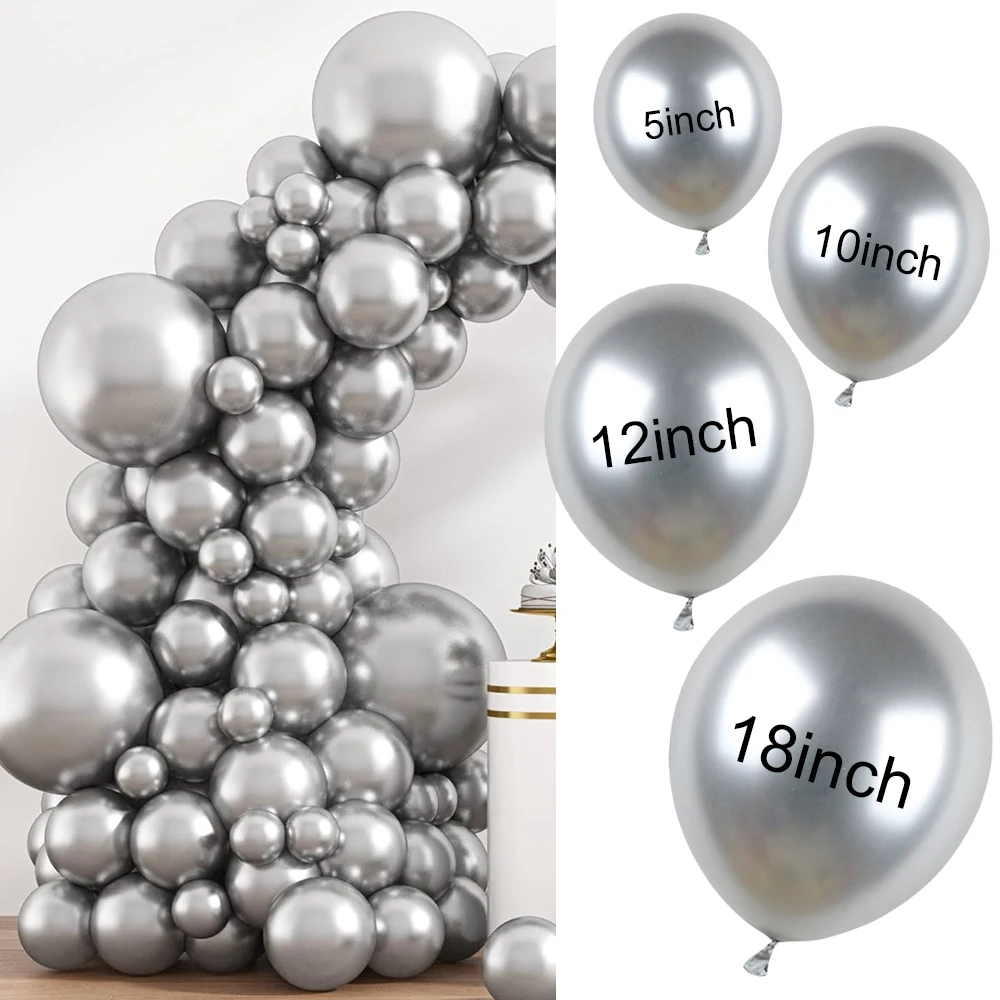 

100Pcs Metallic Silver Balloons Kit 5/10/12/18" Chrome Silver Balloon Engagement Wedding Birthday Christmas Party Decor Globos