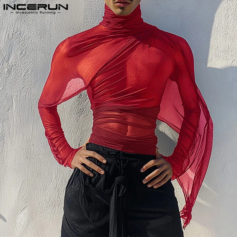 INCERUN See Through Solid Color Knitted T-Shirts Men Long Sleeve High Collar Camiseta Ruffled Edge Sexy Elegant Tops Fashion Top