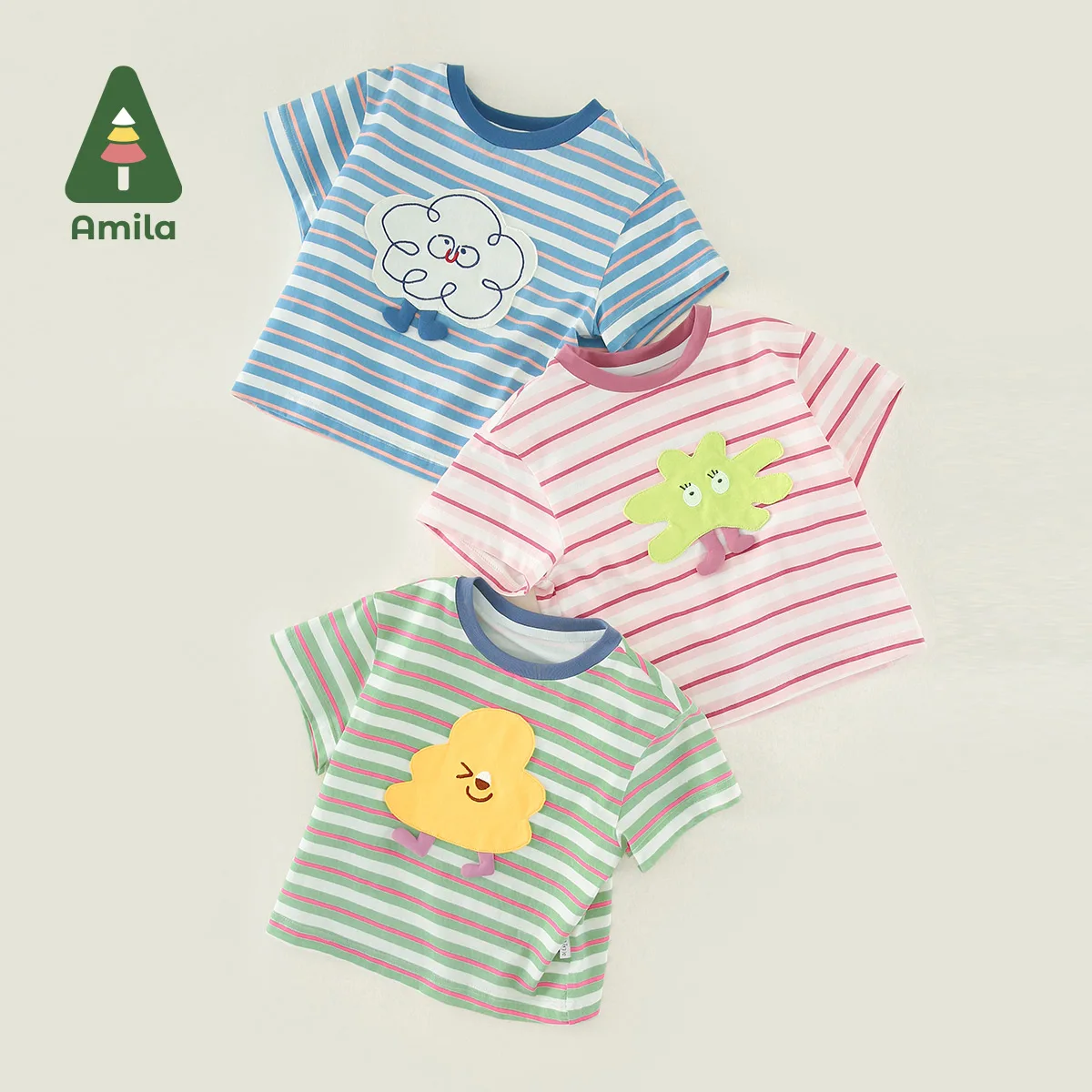 Amila Baby Short Sleeve T-shirt 2023 Summer New Cute Cartoon Collage Boys and Girls Casual Round Neck Striped Clothes 0-6Y