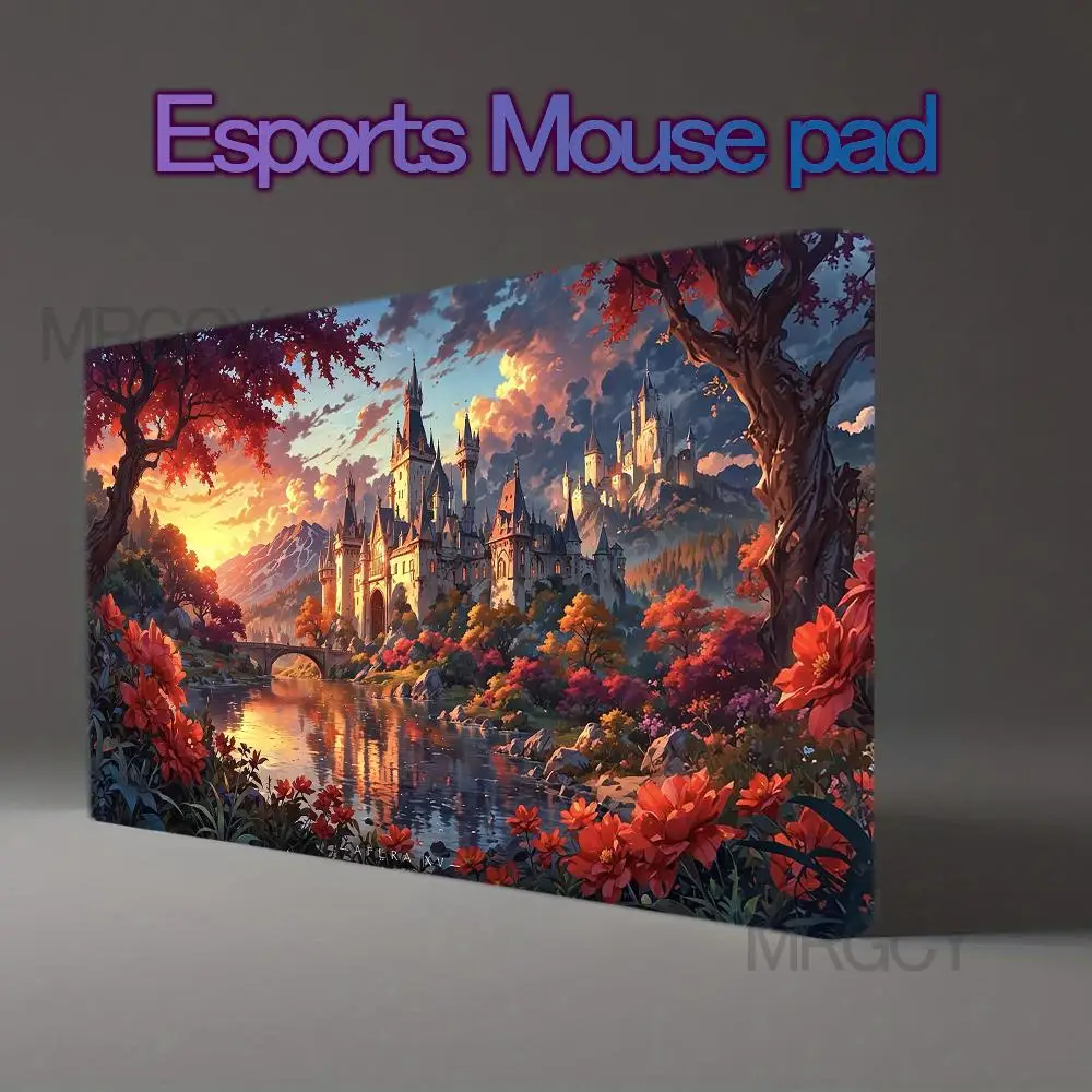 Fantasy Gothic Castle River Sunset Reflection Red Autumn Flowers Large Gaming Mouse Pad Medieval Landscape escritorio accesorios