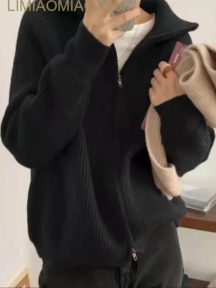 Nueva moda, suéteres para mujer, Otoño Invierno, cárdigan liso con solapa, Top de punto para mujer, suéter corto, abrigo, ropa de mujer, prendas de punto