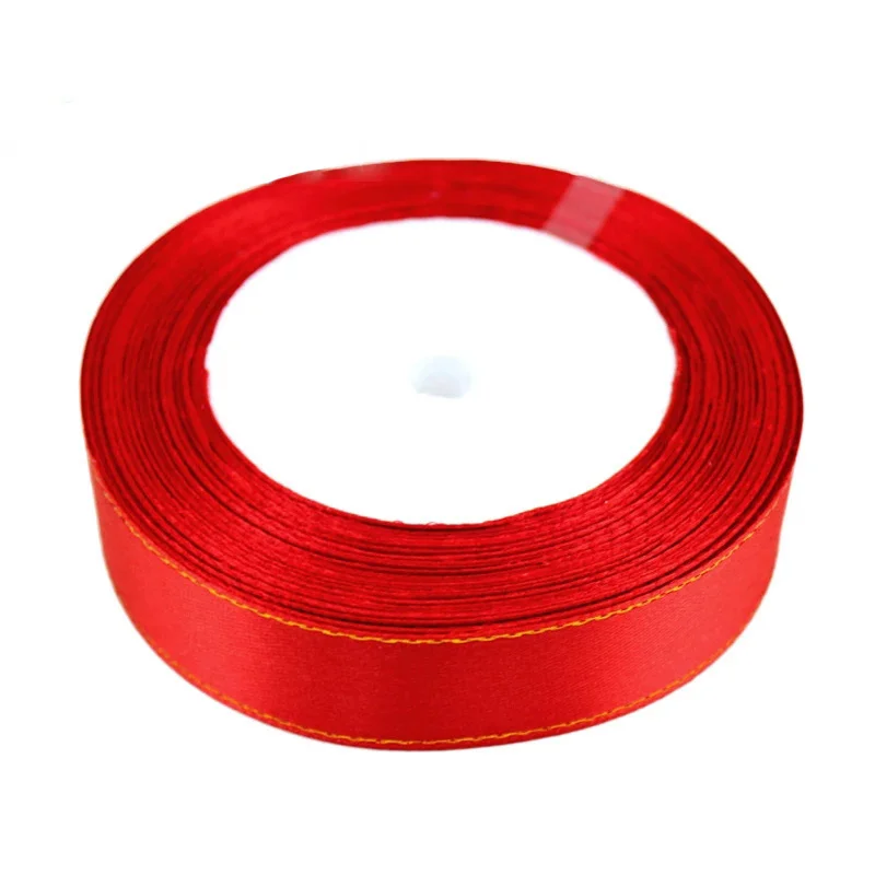 (25 Yards/roll) Red Gold Edge Satin Ribbon Wholesale Gift Handmade DIY Christmas Ribbons (6/10/20/25/40mm)