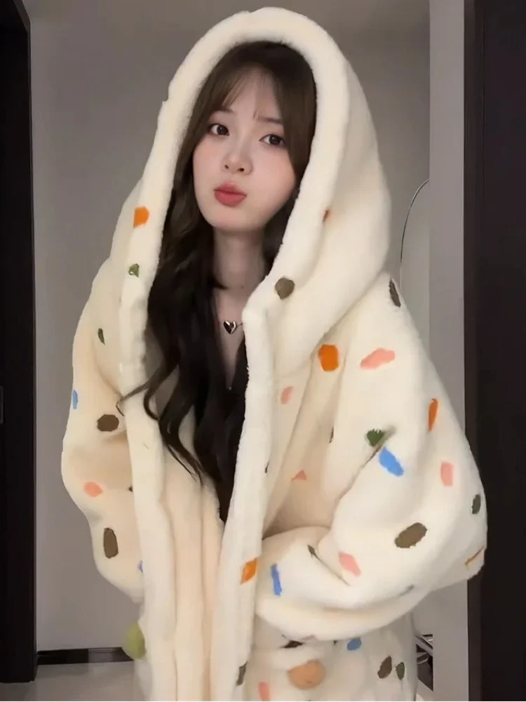 Plus Velvet Hooded Robes Women Print Warm Plush Sleepwear Girls Home Thicker Ulzzang Soft Lounge College Young Dormitory Winter