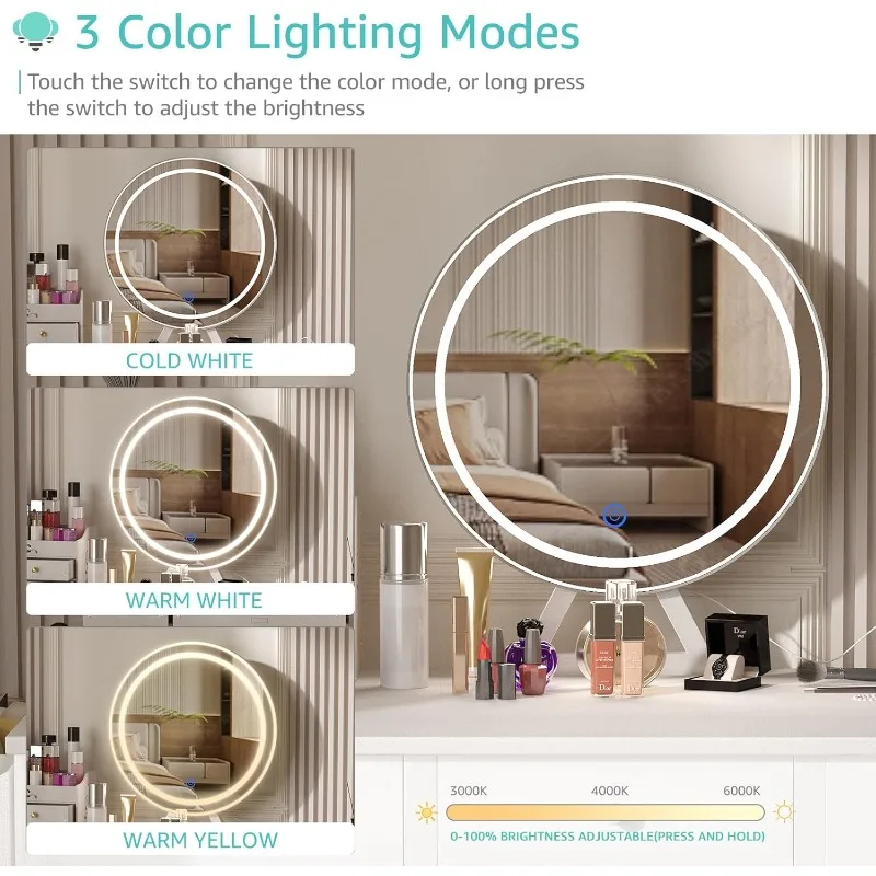 White Makeup Vanity Desk with Mirror and Lights, 40 inch Make Up Vanity Desks with Fabric Drawers & Power Outlet, Dressing