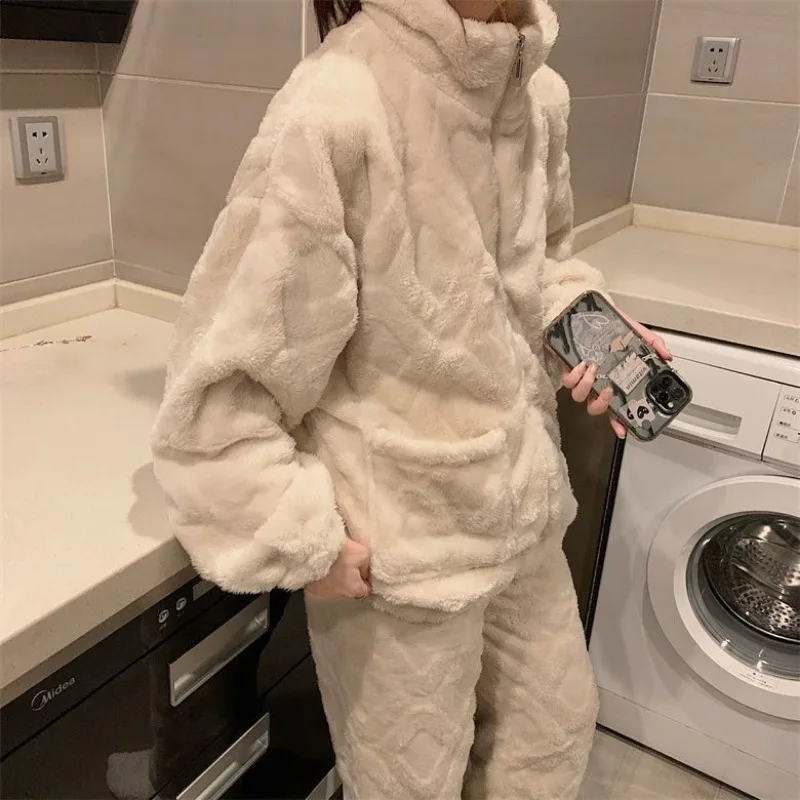 Autumn Winter Velvet Sleepwear Women Pajamas Sets Zipper Jacket Long Sleeve Pants Flannel Two-piece Suits Warm Loungewear Pajama