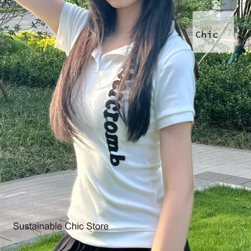 

American letter embroidered polo collar short sleeve T-shirt women's summer new fashion waist slim slim hot girl cotton top.
