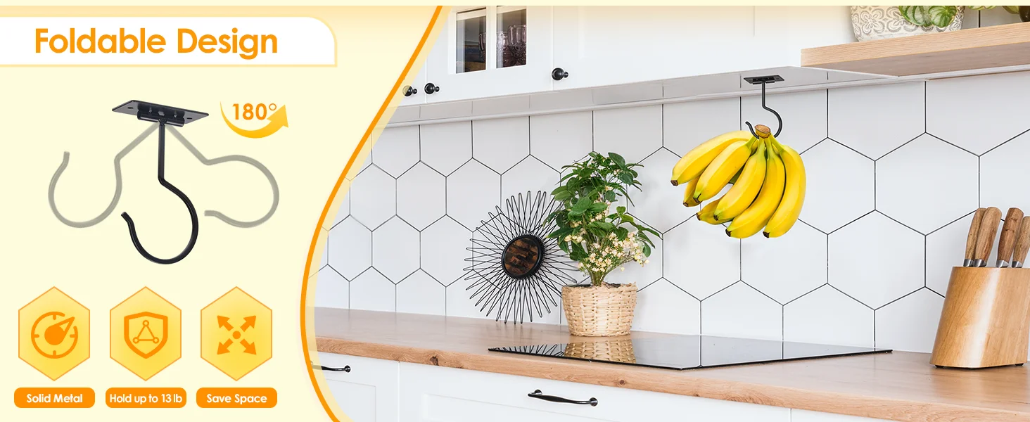 1-2 Stück selbstklebender Bananenhaken, faltbarer Bananenhalter für unter Schränke, schwarzer Metall-Bananenhaken für unter der Arbeitsplatte, kann die Banane aufbewahren – Detail 3