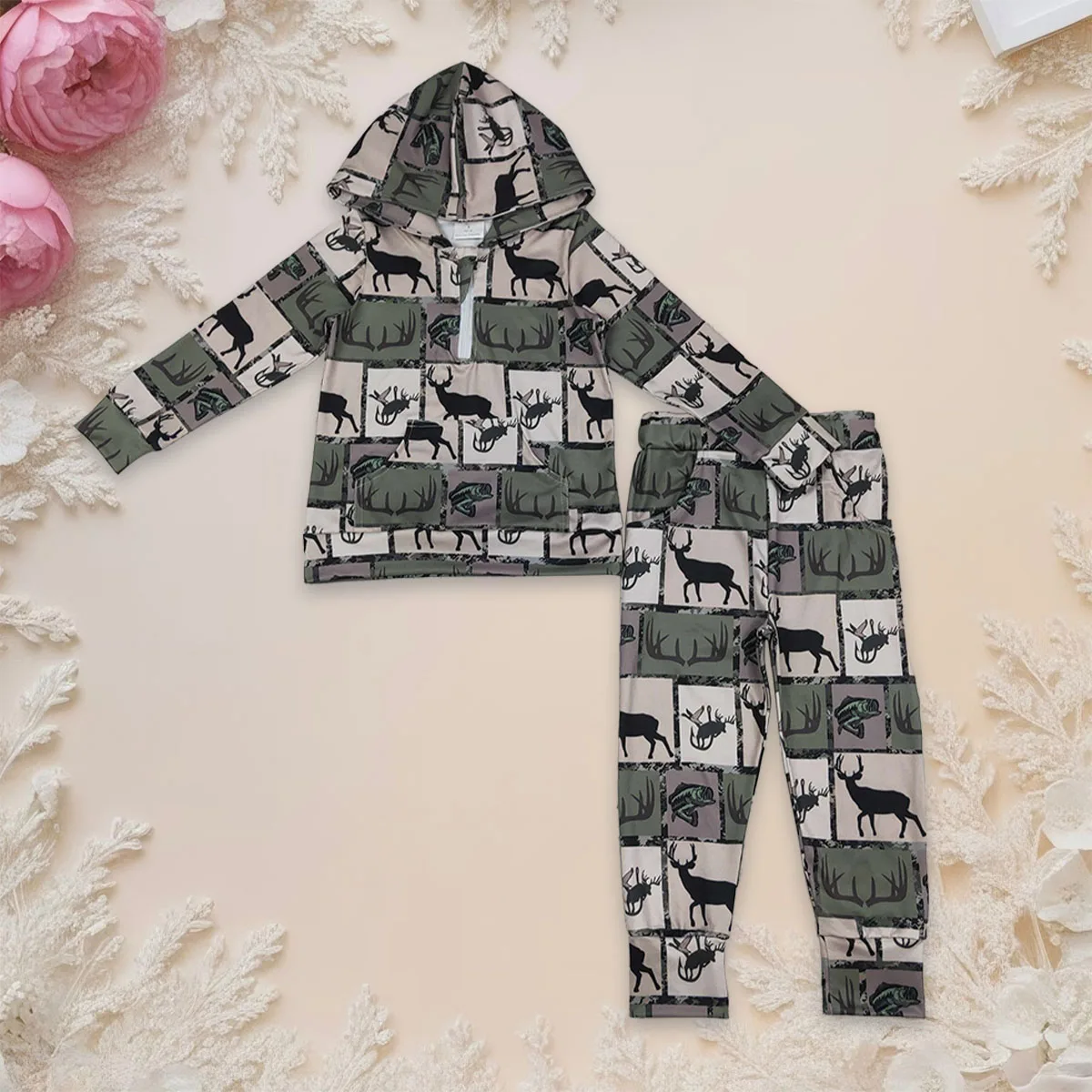 

Kids Baby Boy Long Sleeve Deer Fishes Hunting Set Zipper Hoodies Top Pocket Jogger Pants Sets Clothes Children Outfits Wholesale