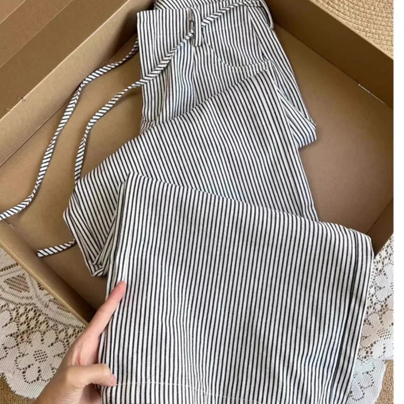 

Fall Winter Vintage Striped Pant Women High Waist Casual Straight Trousers Retro American Loose Lace Up Design Wide Leg Pants