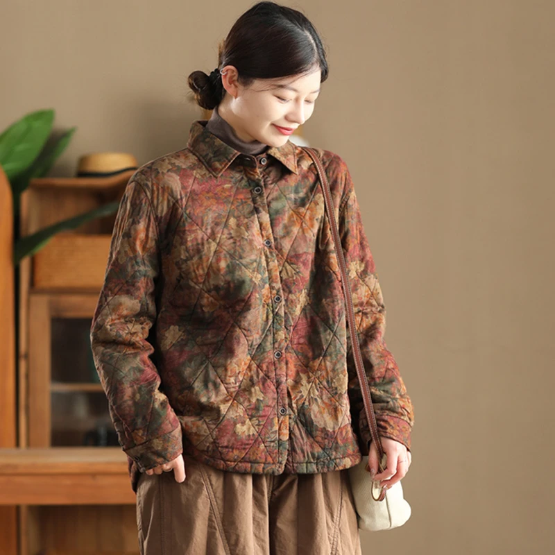 

Women Long Sleeve Casual Coats New Arrival 2025 Autumn Vintage Style Floral Print Loose Female Cotton Quilted Jackets M1932