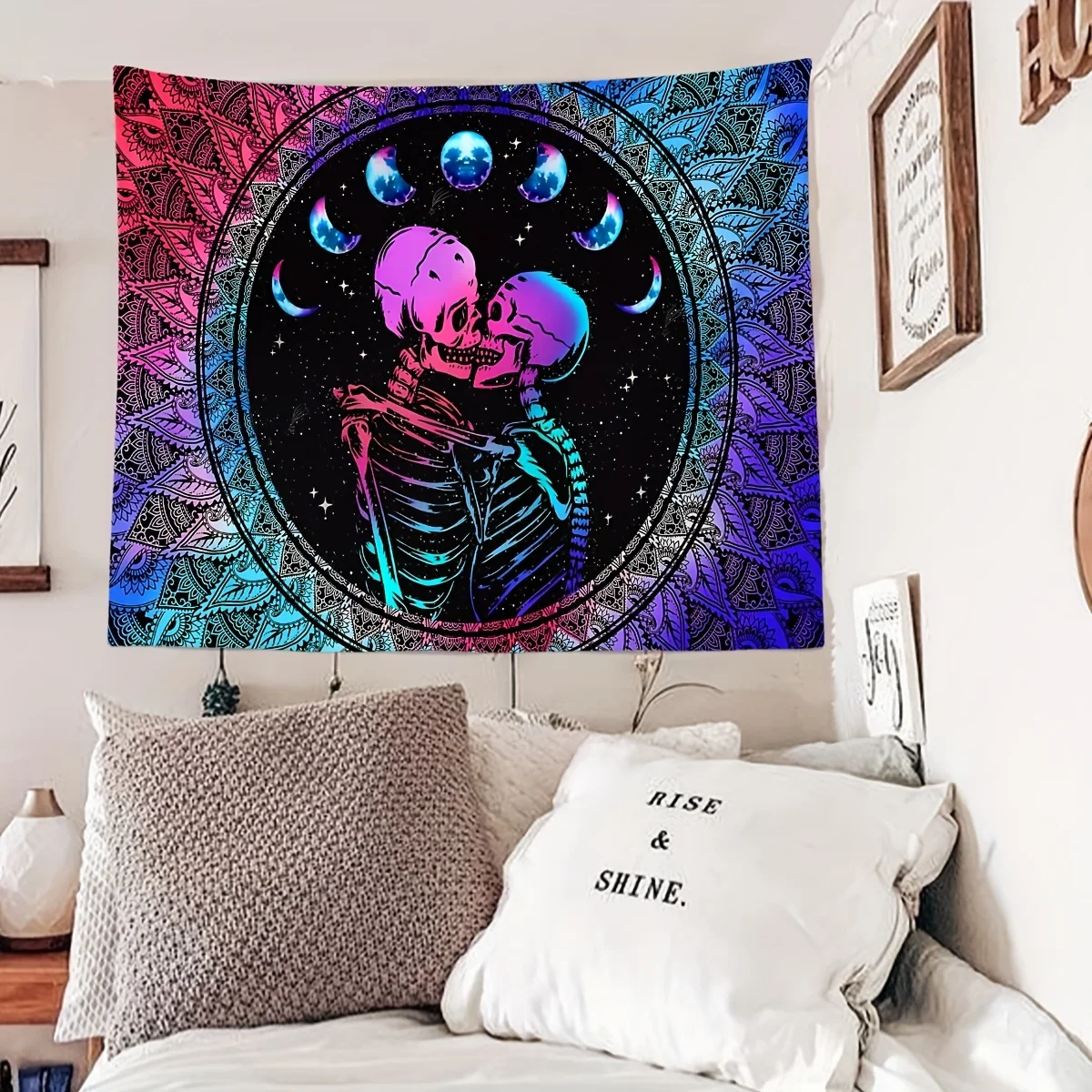 VIKAMA Gradient Skeleton Lover Tapestry Mandala Pattern Moon Phase Printing Halloween Horror Spooky Season Gothic Horror