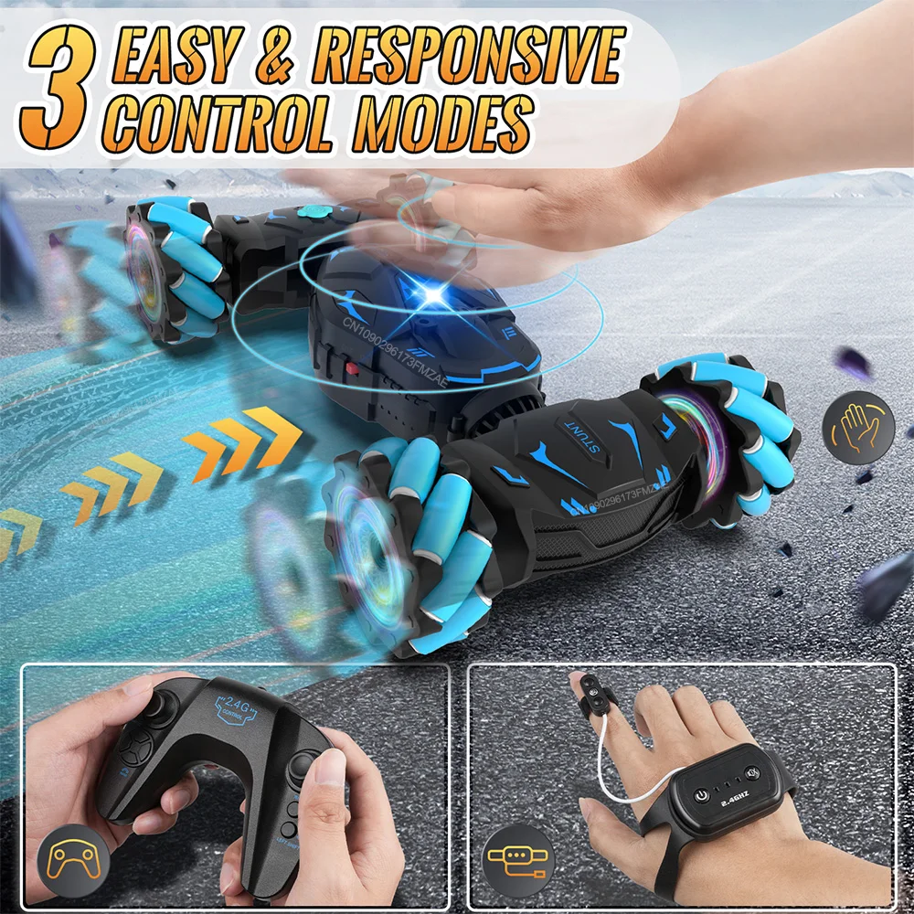 Pristar RC Cars Gesture Sensing Stunt Car Gifts for Boys Double 360° Rotate 4WD Remote Control Car Toys with Spray Lights Music