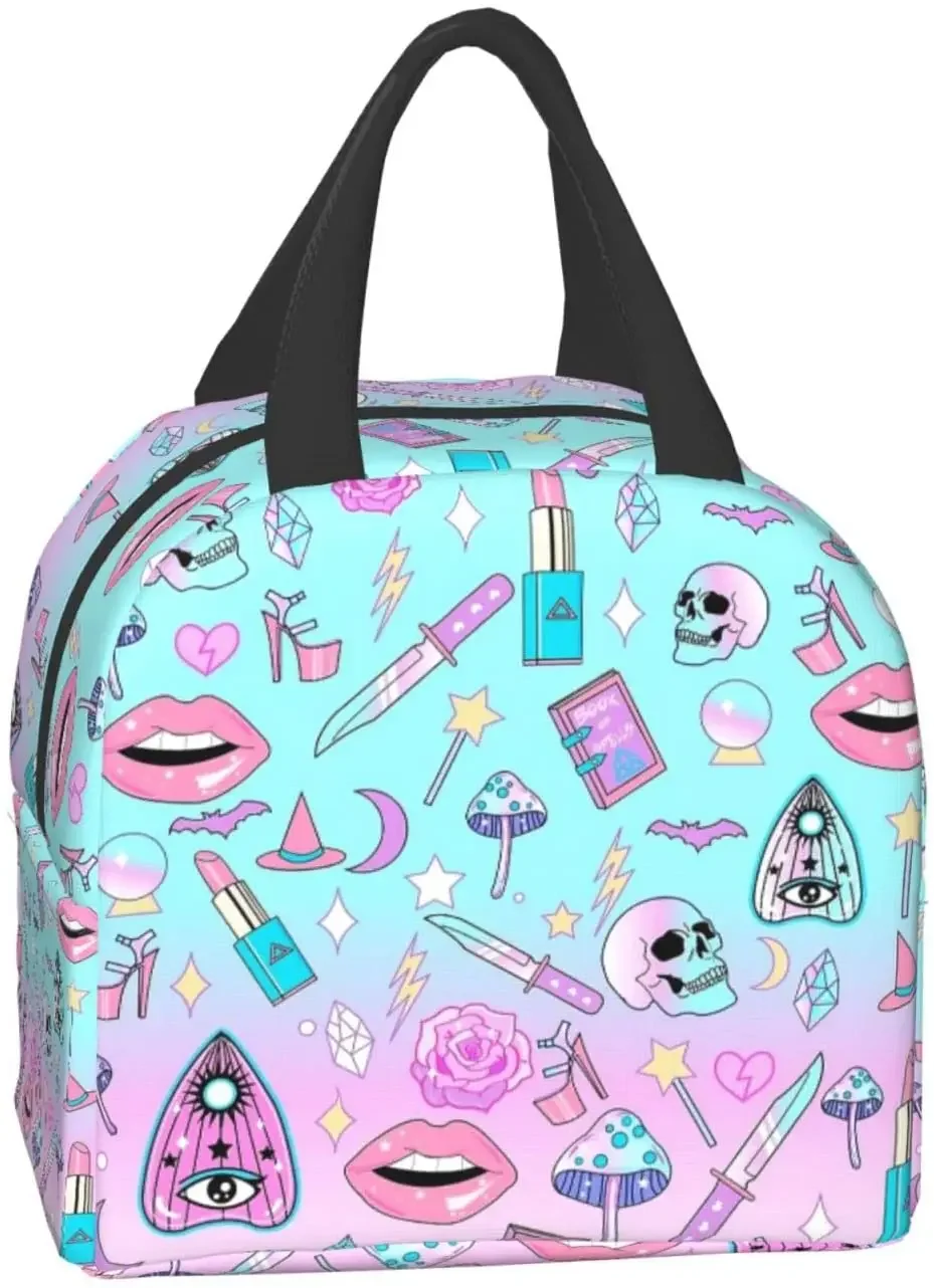 Lunch Bag Pastel Witch Goth Witchy for Women Insulated Portable Lunch Box with Front Pocket for Work Reusable Cooler Tote Bag