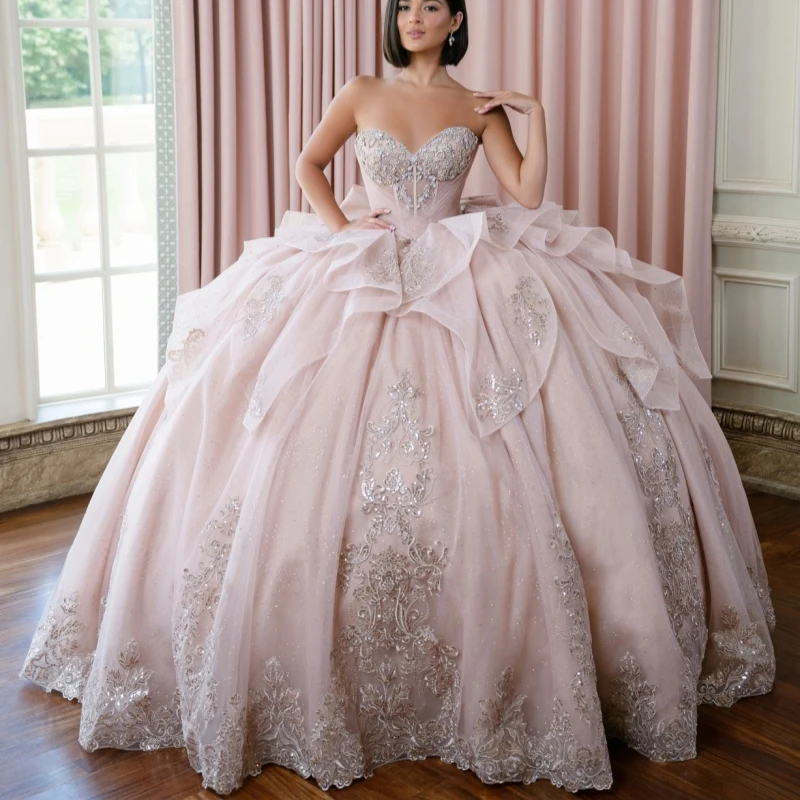 فساتين Quinceanera الوردية اللامعة قبالة الكتف زين الدانتيل الخرز تول مشد حفلة عيد ميلاد الحلو 16 فستان Vestidos 15 De