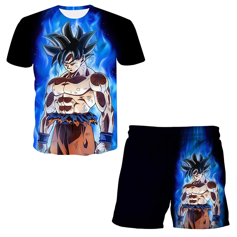 Japanese anime Dragon Ball children\'s T-shirt and shorts two-piece set, super Mario 3D cartoon children\'s boy and girl set