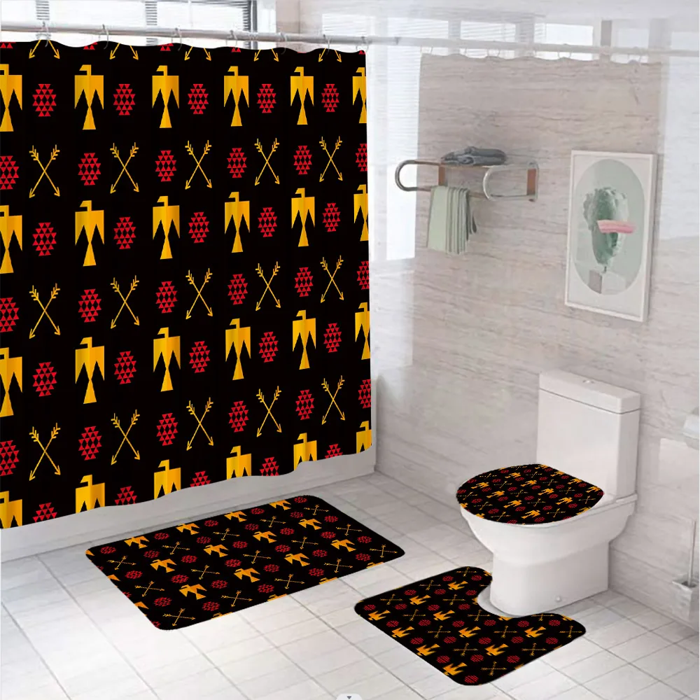 

Boho Geometric Shower Curtain Set Non-Slip Rug Toilet Lid Cover Bath Mat Tribal Abstract Bird Arrow Bathroom Curtains With Hooks
